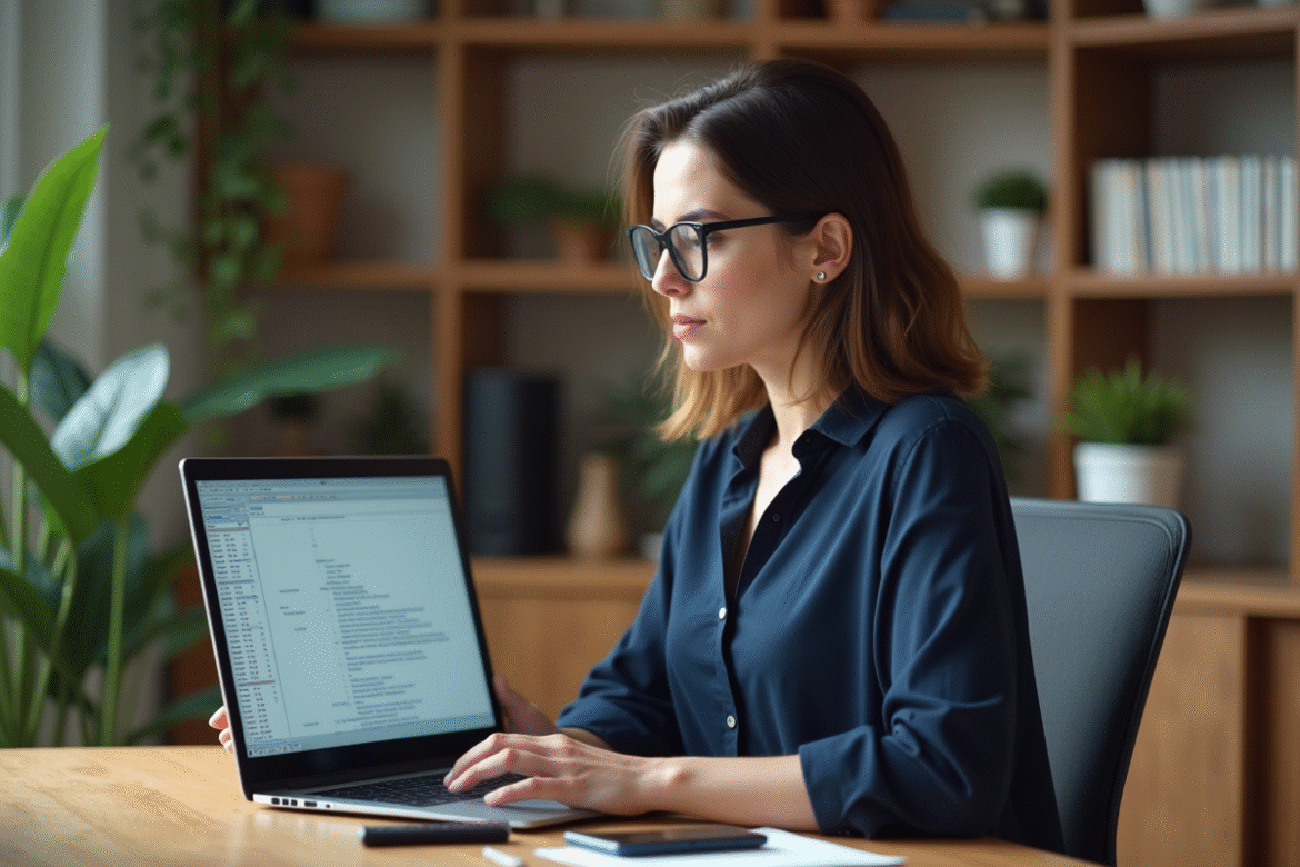 Femme concentrée travaillant sur un ordinateur portable dans un bureau cosy