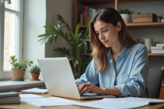 Femme concentrée travaillant sur un ordinateur dans un bureau moderne