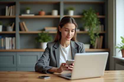 Jeune femme au bureau regardant son ordinateur portable
