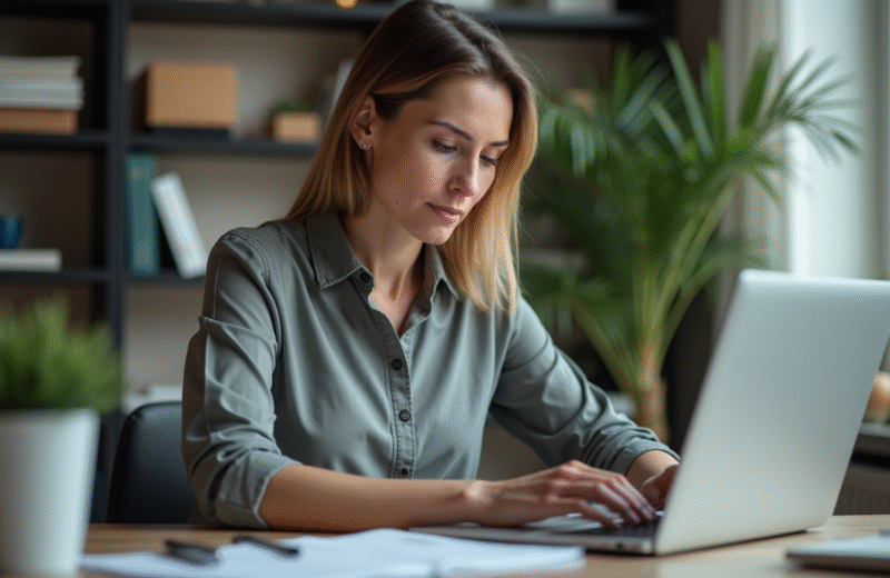 Femme d'âge moyen travaillant à son bureau organisé