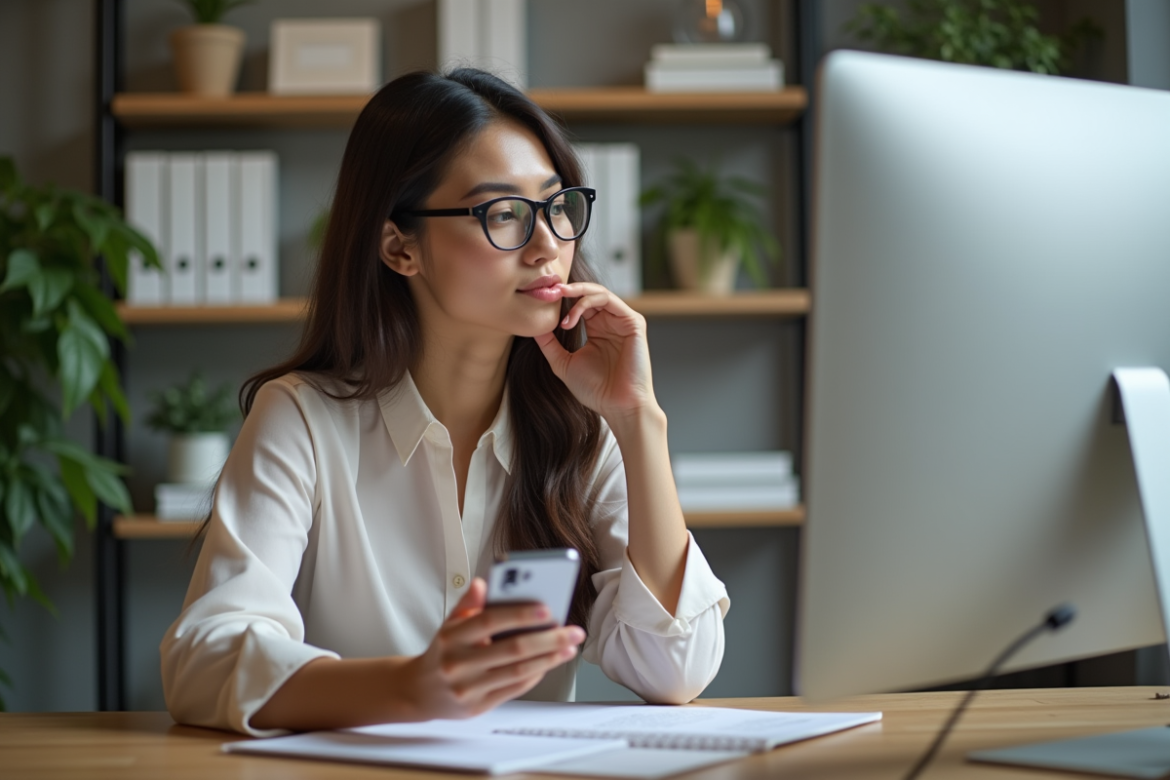 Jeune femme au bureau tenant son smartphone avec concentration