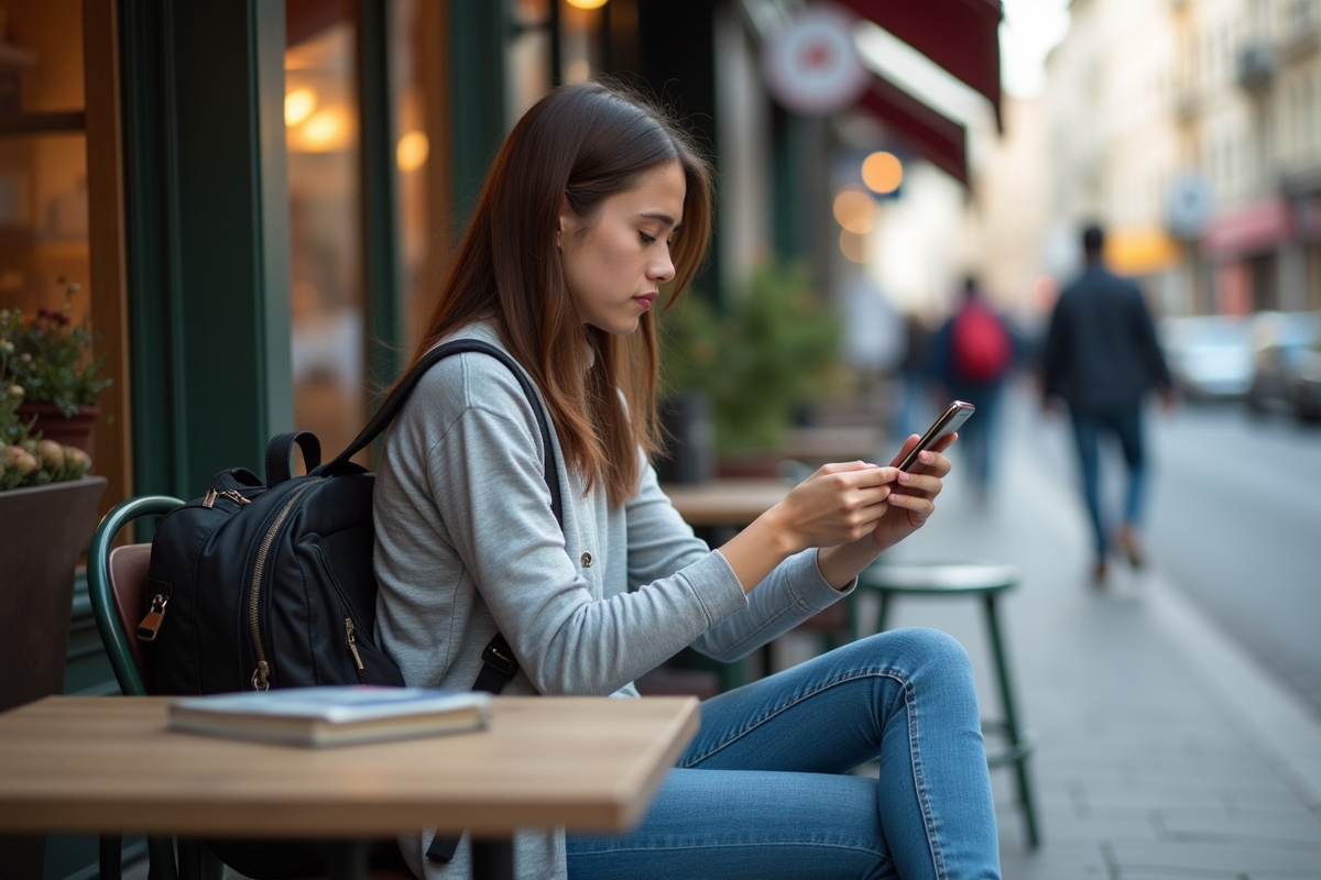 Jeune femme au café confrontée à un problème VPN