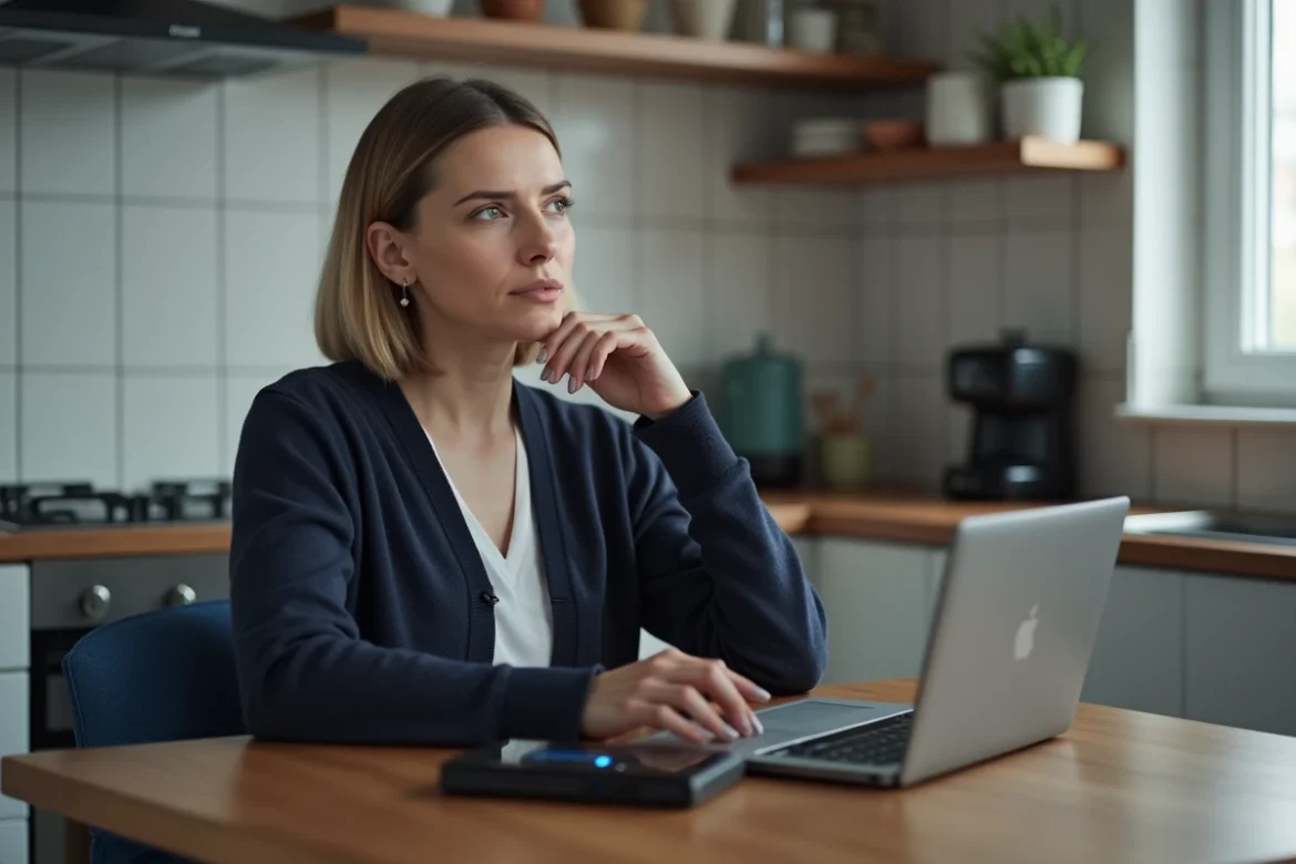 Femme examinant le code d'erreur 20 FF sur un boîtier Freebox Player dans une cuisine