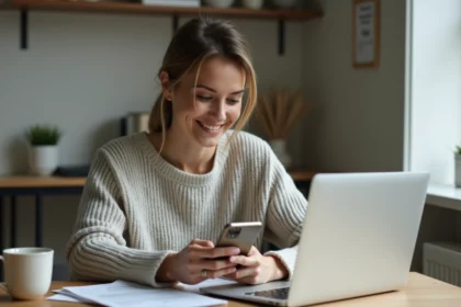 Femme souriante configurant son email sur smartphone dans un bureau