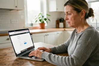 Femme utilisant un webmail sur un ordinateur portable dans une cuisine moderne, illustrant la connexion à un service internet comme Alice ADSL ou Free Webmail