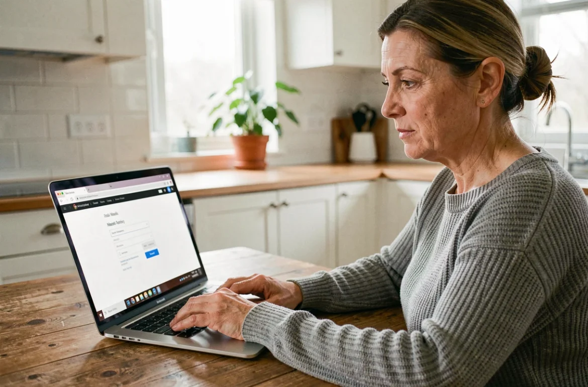 Femme utilisant un webmail sur un ordinateur portable dans une cuisine moderne, illustrant la connexion à un service internet comme Alice ADSL ou Free Webmail