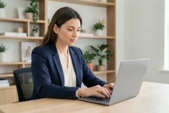 Femme professionnelle créant une adresse email Yahoo avec un pseudo sur son ordinateur portable dans un bureau moderne