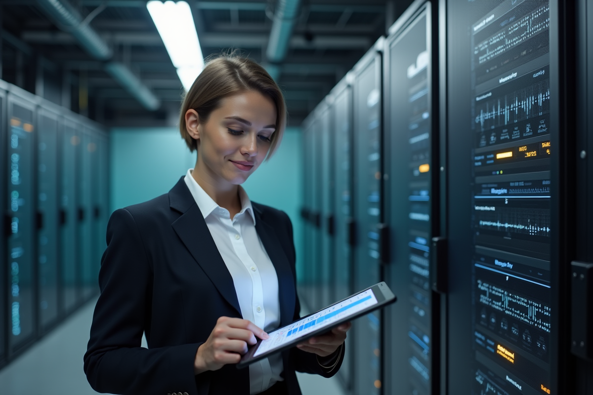 Femme DevOps avec tablette dans une salle serveurs hightech