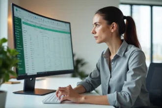 Femme professionnelle utilisant Microsoft Excel pour transformer des lignes en colonnes sur un grand écran de bureau