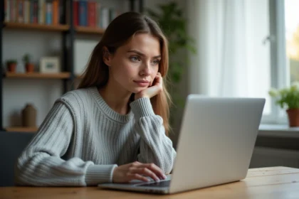 Jeune femme frustrée devant son ordinateur portable essayant d'accéder à la plateforme Oze 92 qui ne fonctionne pas