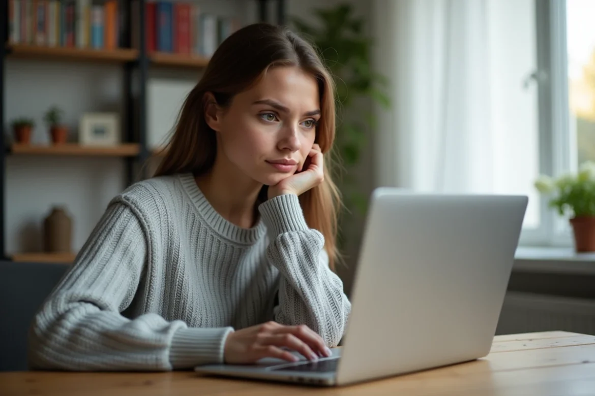 Jeune femme frustrée devant son ordinateur portable essayant d'accéder à la plateforme Oze 92 qui ne fonctionne pas