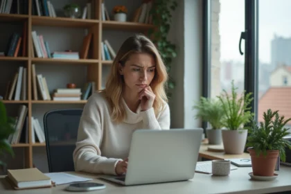 Femme en intérieur travaillant à son bureau avec frustration