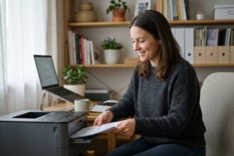 Femme vérifiant ses impressions dans un bureau à domicile