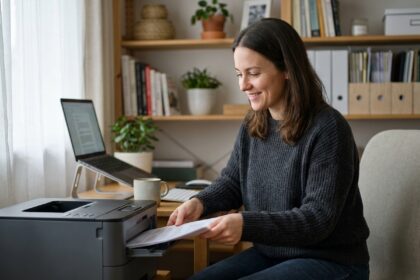 Femme vérifiant ses impressions dans un bureau à domicile