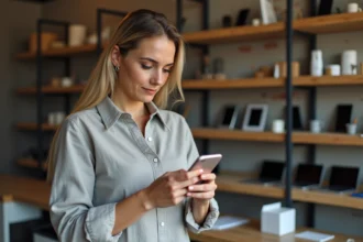 Femme inspectant un smartphone reconditionné dans une boutique de reconditionnement électronique moderne