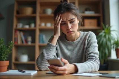 Femme frustrée tenant un iPhone et consultant les paramètres de sonnerie à son bureau à domicile