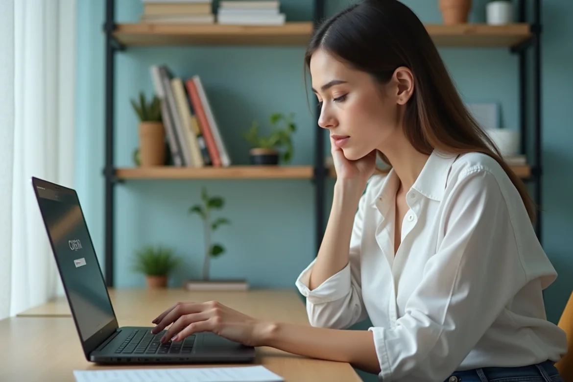 Jeune femme concentrée sur son ordinateur dans un bureau moderne