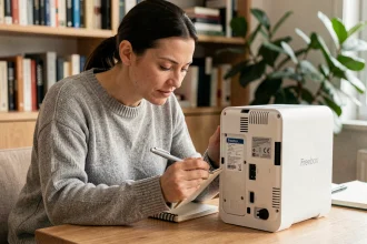Femme lisant l'étiquette au dos d'une Freebox pour trouver le mot de passe WiFi
