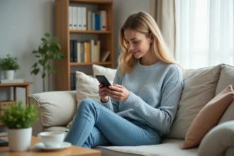 Femme lisant des SMS sur son iPhone dans un salon lumineux