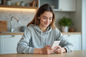 Jeune femme tapant un message sur WhatsApp avec mise en forme italique sur smartphone blanc dans une cuisine moderne