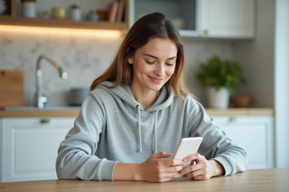 Jeune femme tapant un message sur WhatsApp avec mise en forme italique sur smartphone blanc dans une cuisine moderne