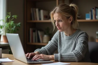 Femme frustrée devant son ordinateur portable attendant le chargement de sa messagerie Orange lente