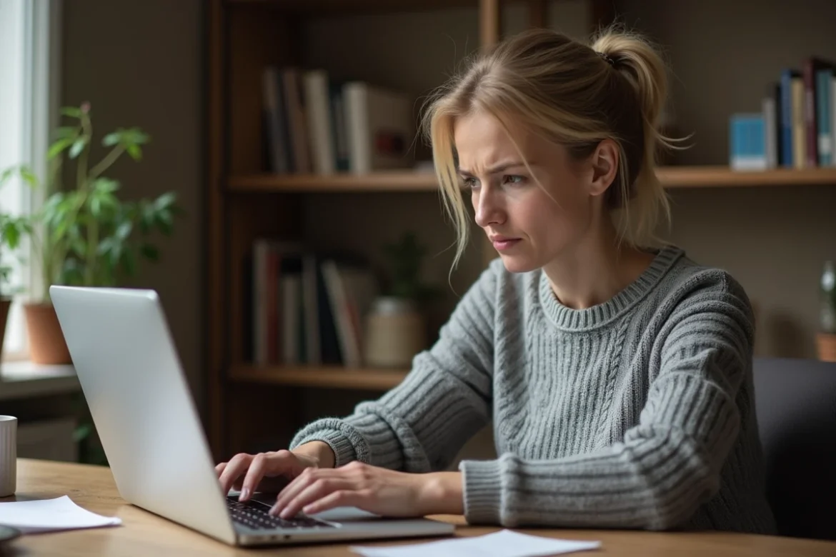 Femme frustrée devant son ordinateur portable attendant le chargement de sa messagerie Orange lente