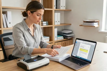Femme professionnelle utilisant un scanner à plat pour convertir des documents papier en PDF cherchables sur un bureau moderne