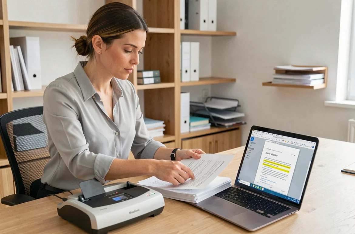 Femme professionnelle utilisant un scanner à plat pour convertir des documents papier en PDF cherchables sur un bureau moderne
