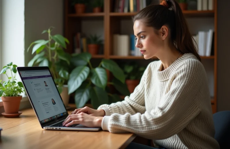 Jeune femme compare logiciels antivirus sur son ordinateur portable