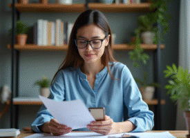 Femme en blouse bleue consulte un document avec son smartphone