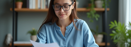 Femme en blouse bleue consulte un document avec son smartphone