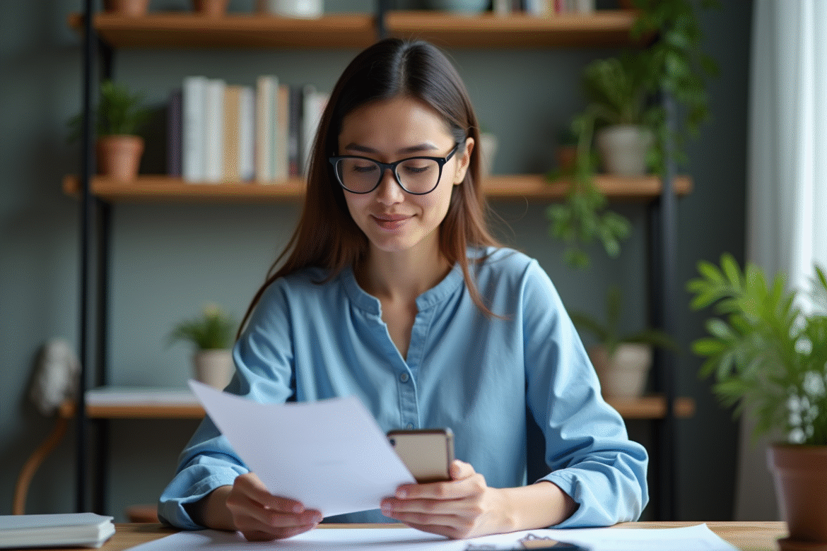 Femme en blouse bleue consulte un document avec son smartphone