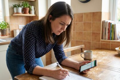 Jeune femme concentrée avec smartphone et notes en cuisine