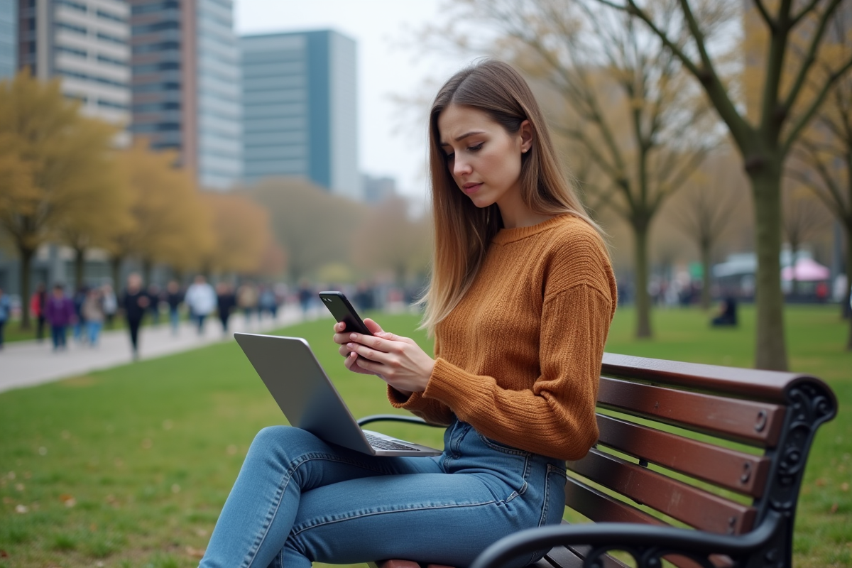 Jeune femme dans un parc urbain avec smartphone