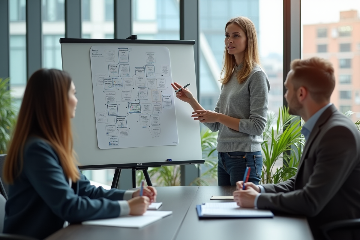 Femme expliquant une carte de site internet en réunion