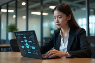 Jeune femme professionnelle utilisant un ordinateur avec diagramme VPN