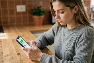 Jeune femme programmant un message WhatsApp sur son smartphone depuis sa cuisine moderne