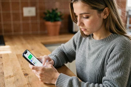 Jeune femme programmant un message WhatsApp sur son smartphone depuis sa cuisine moderne