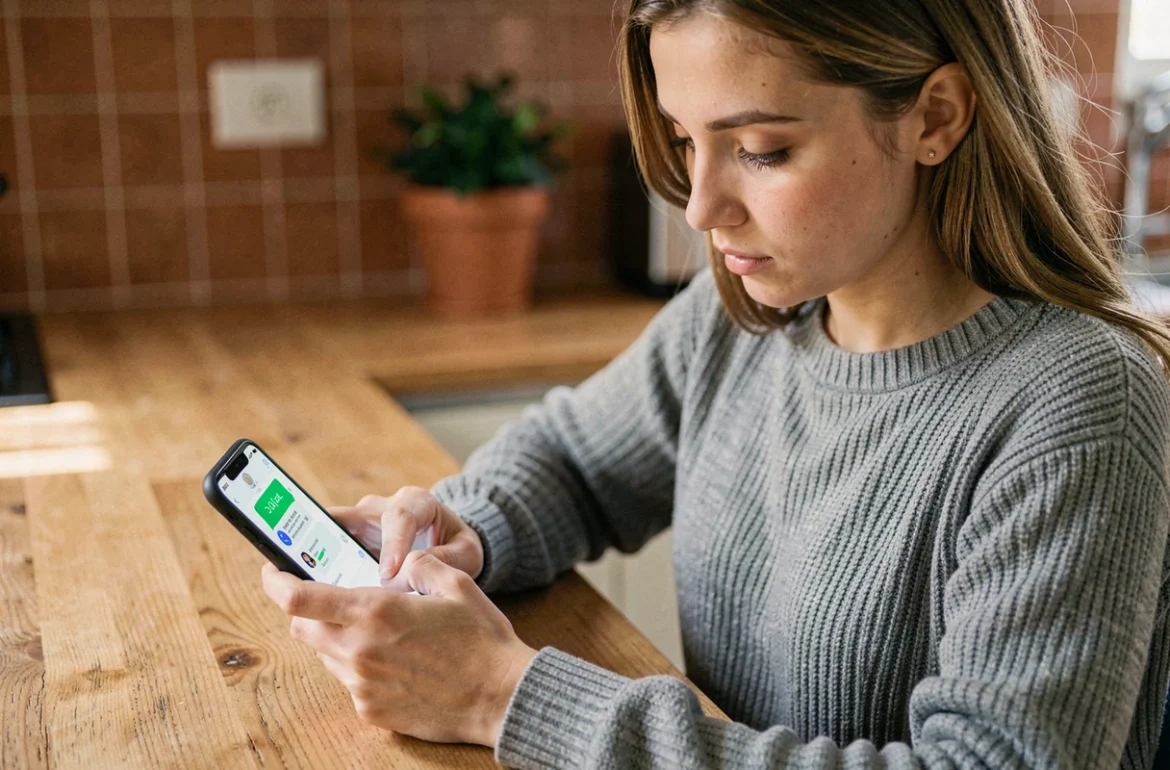 Jeune femme programmant un message WhatsApp sur son smartphone depuis sa cuisine moderne