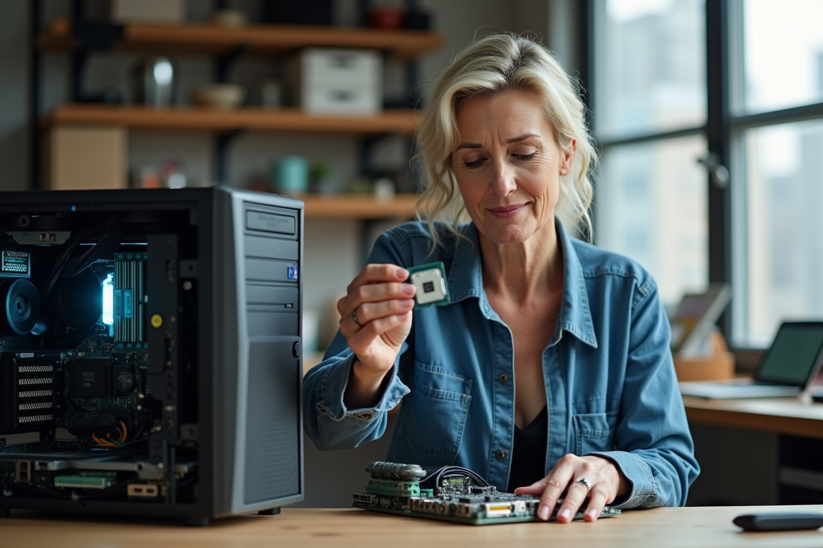 Femme en atelier tient processeur devant PC ouvert