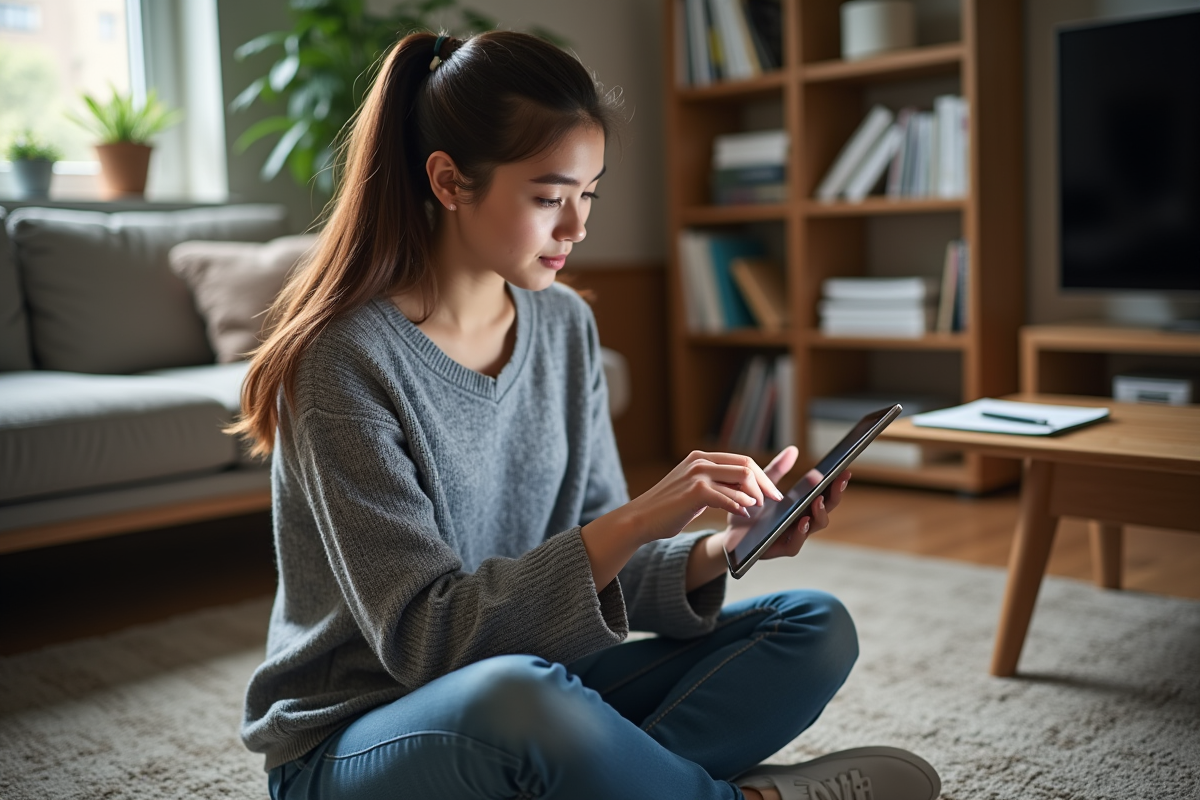 Femme assise sur le sol avec une tablette dans un salon cosy