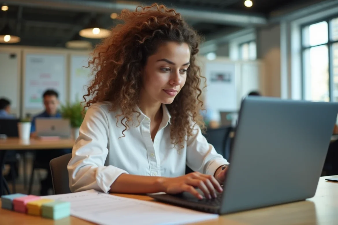 Femme testant un logiciel en toute sécurité avec un outil sandbox dans un espace de coworking professionnel