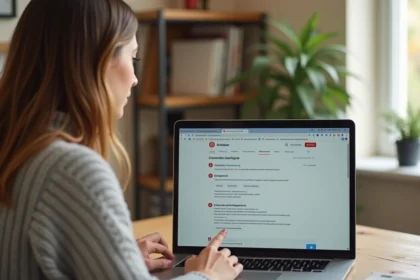 Femme configurant le transfert automatique de mails sur NetCourrier depuis son ordinateur portable dans un bureau à domicile
