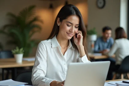 Femme professionnelle intégrant un outil de transfert de fichiers dans son flux de travail sur ordinateur portable au bureau