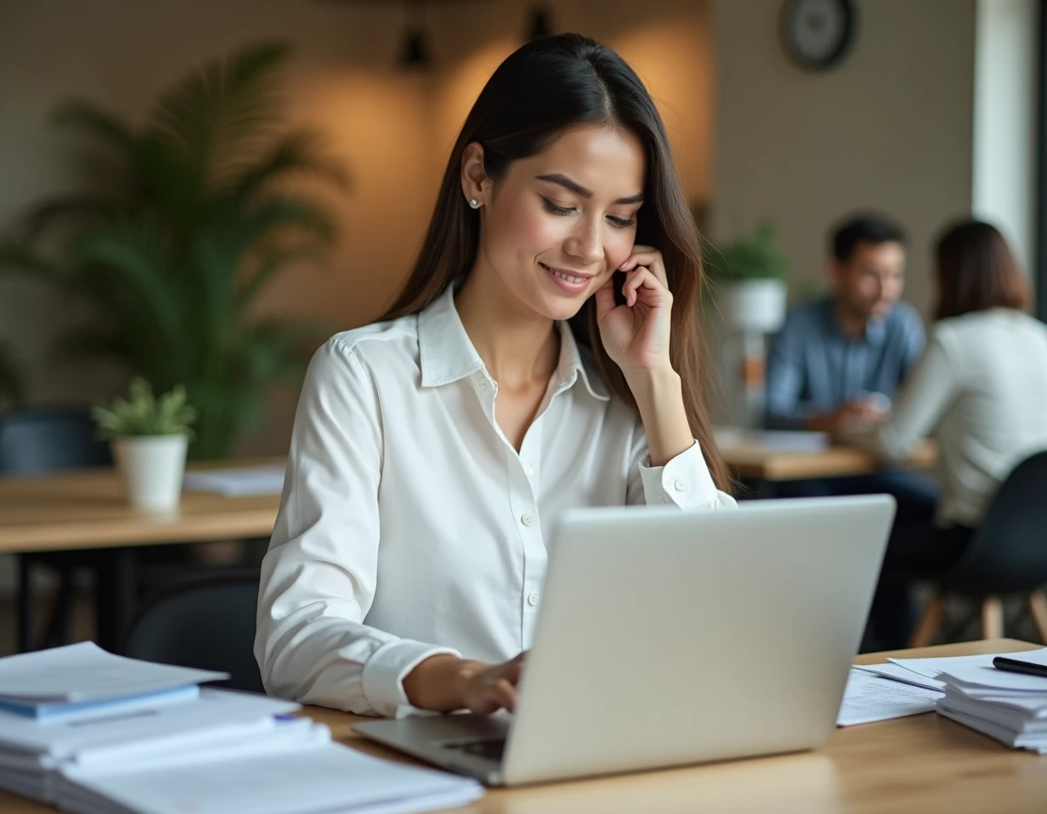 Femme professionnelle intégrant un outil de transfert de fichiers dans son flux de travail sur ordinateur portable au bureau