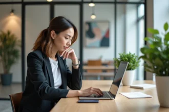 Femme travaillant sur un ordinateur dans un espace coworking lumineux
