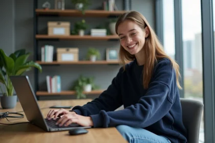 Jeune femme au bureau connectant clavier et souris