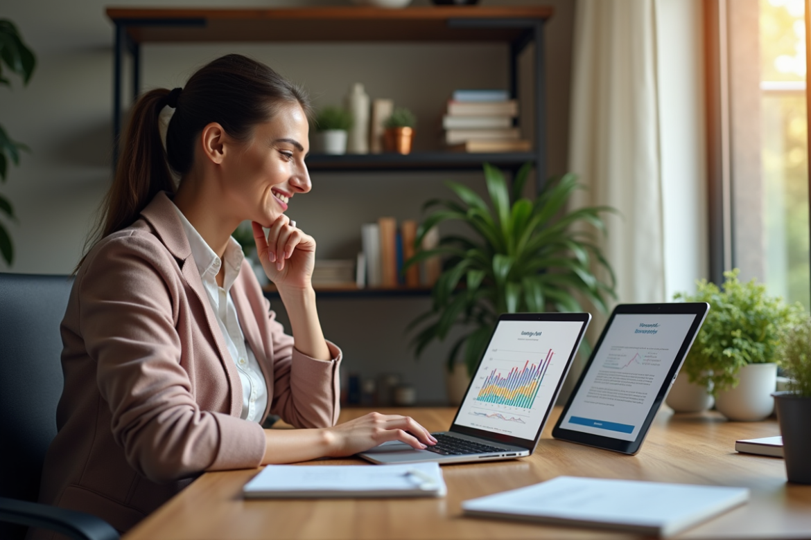 Femme réfléchie travaillant sur un ordinateur dans un bureau moderne
