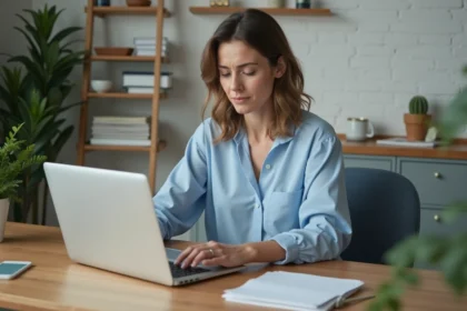 Femme au bureau à domicile triant ses emails avec concentration